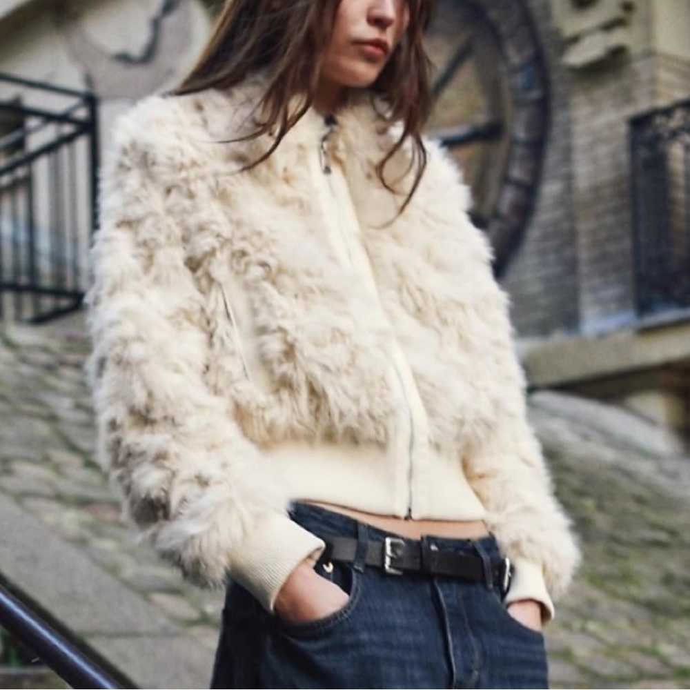Zara Cream Faux-Fur Cropped Zip Jacket